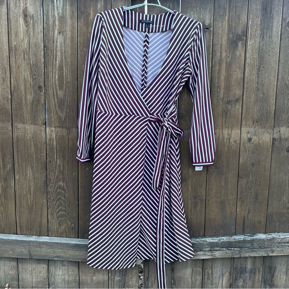 Banana Republic Maroon White Stripe Long Sleeve Wrap Dress Size 2